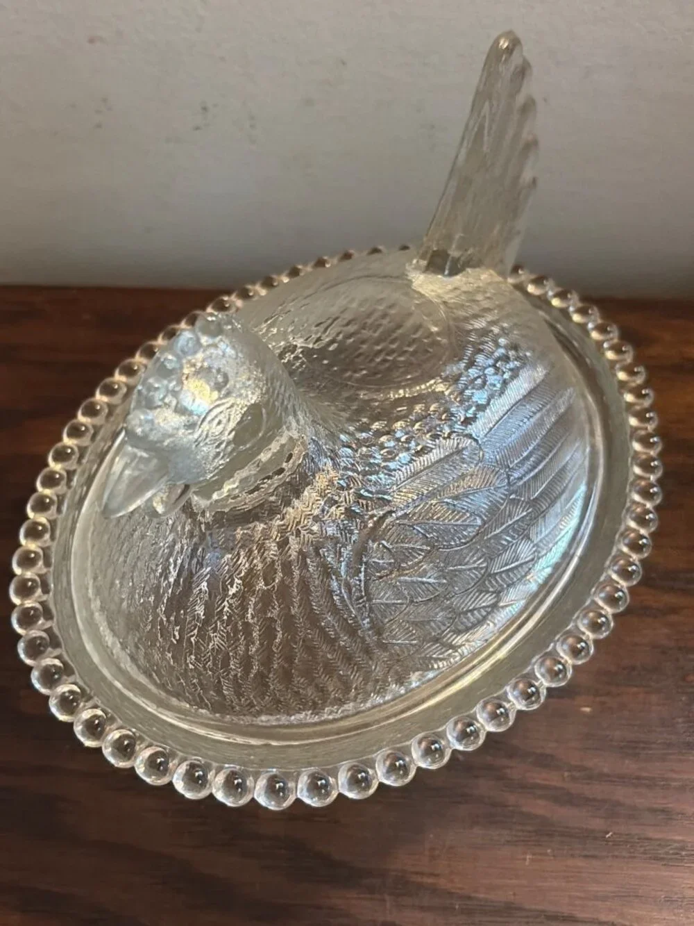 Vintage Indiana Glass Hen On Nest Covered Dish Beaded Edge - Decorative Clear